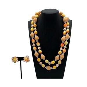 Vintage Double Strand Sugar Beaded Necklace and Clip on Earring Set